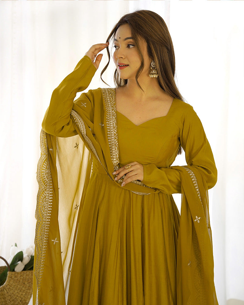 Beautiful Mustard Color Pure Chanderi Silk Three Piece Anarkali Suit