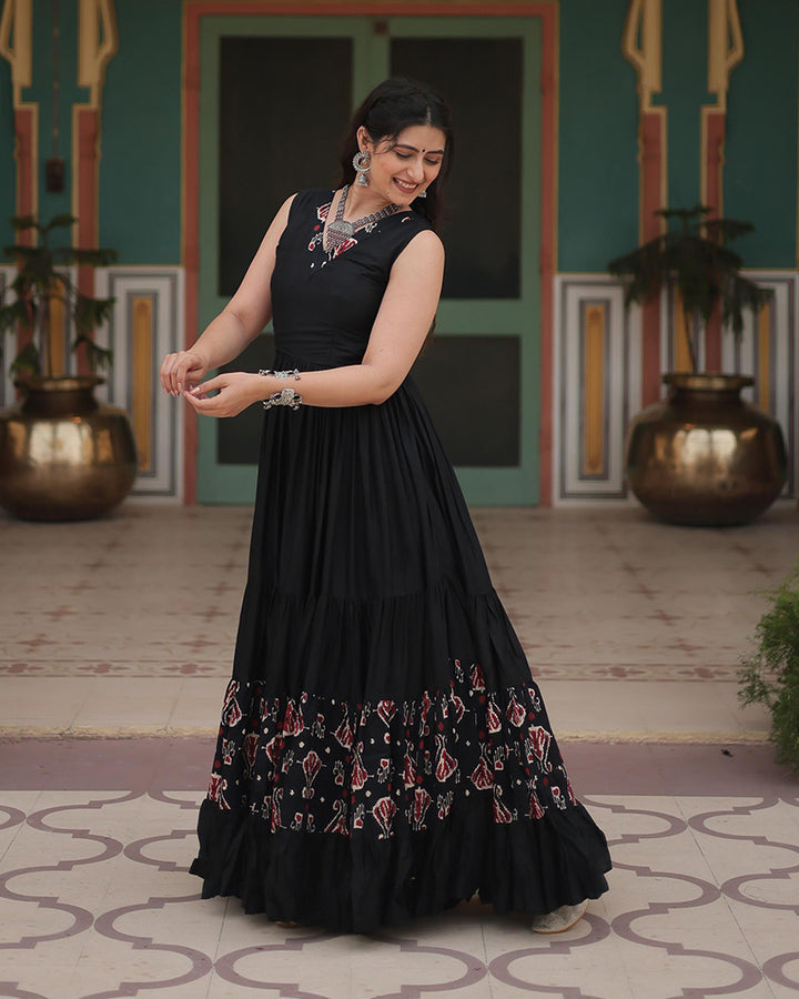 Black Color Reyon Printed Navratri Gown