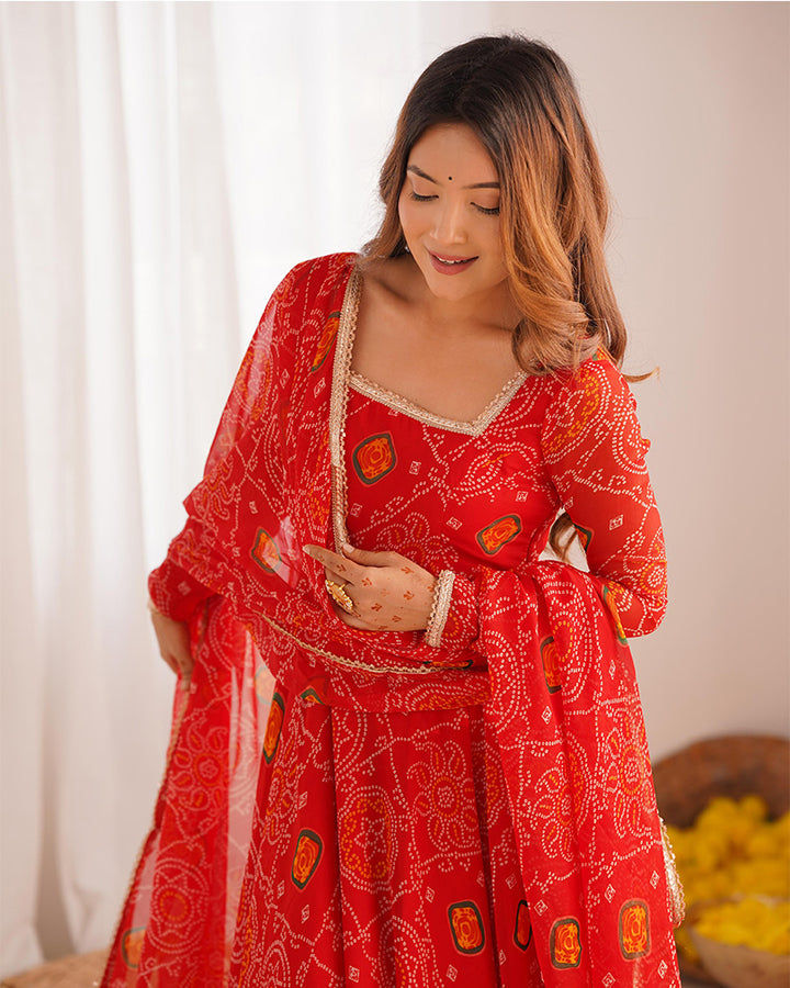 Red Color Bandhej Print Soft Chiffon Anarkali Gown