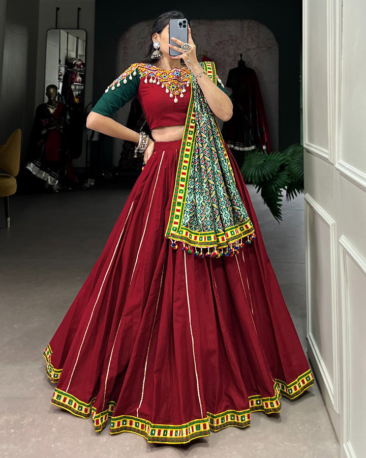 Maroon Color Cotton Real Mirror Navratri Lehenga Choli