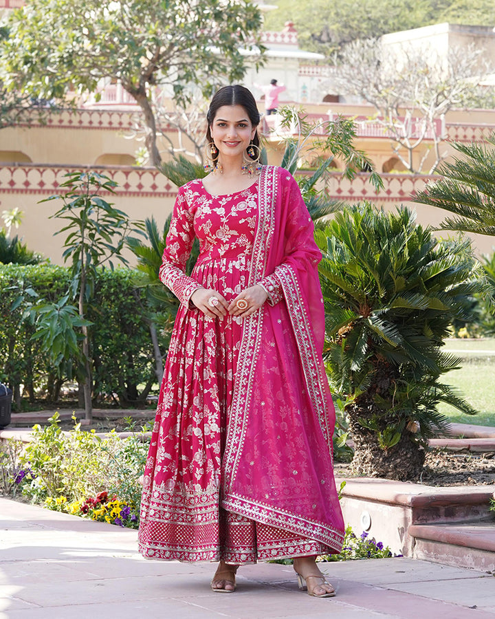Designer Pink Color Sequence embroidered Viscose Jacquard Gown With Dupatta