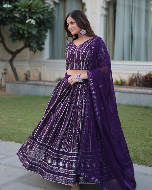 Designer Wine Color Faux Blooming Semi stitched Lehenga Choli