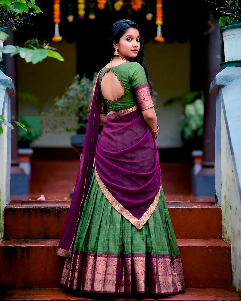 Mehndi Color Dola Chex Zari Weaving Half Saree