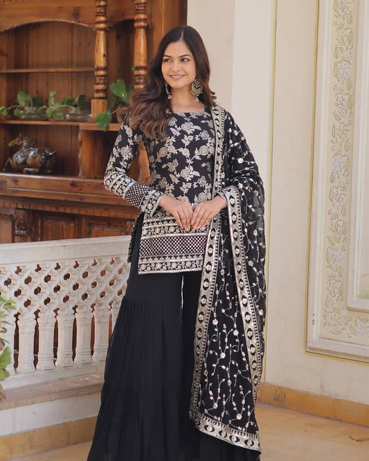 Black Color Three Piece Gharara Suit