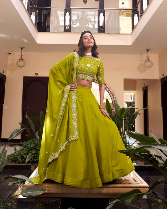Parrot Green Color Star Georgette Embroidered Lehenga Choli