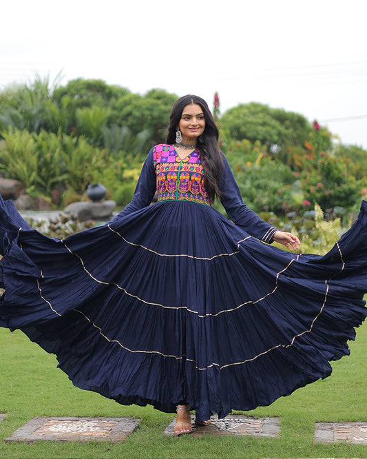 Traditional Navy Blue Kutchi Embroidered Navratri Gown