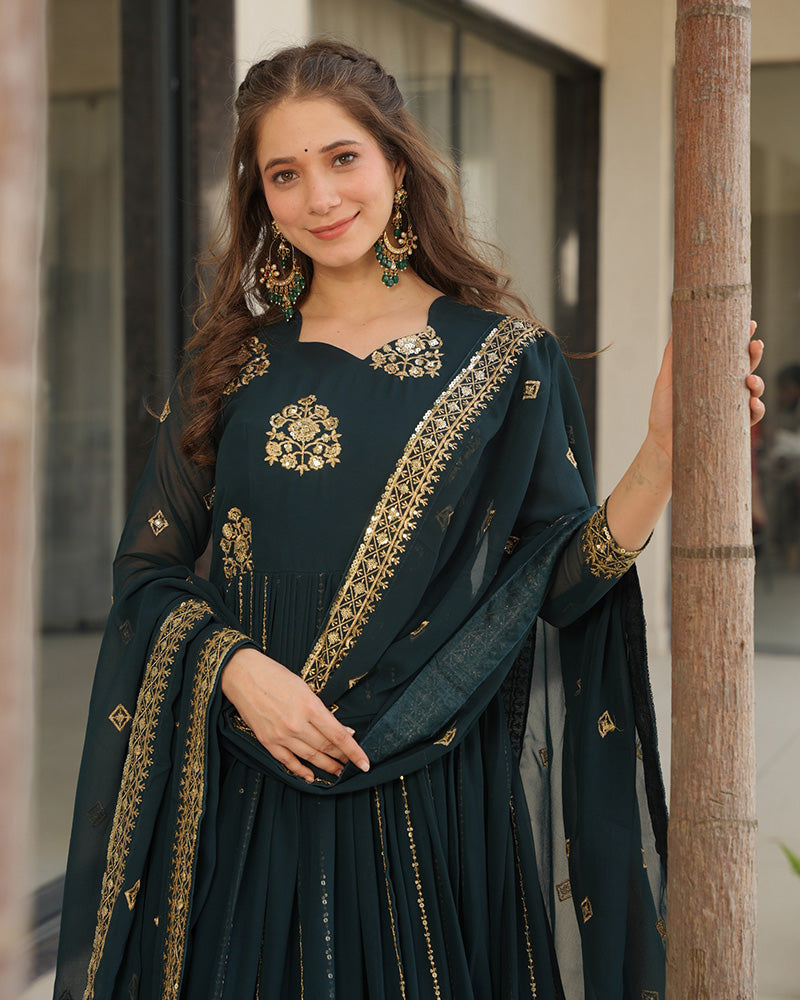 Deep Teal Green Color Designer Golden Embroidered Gown