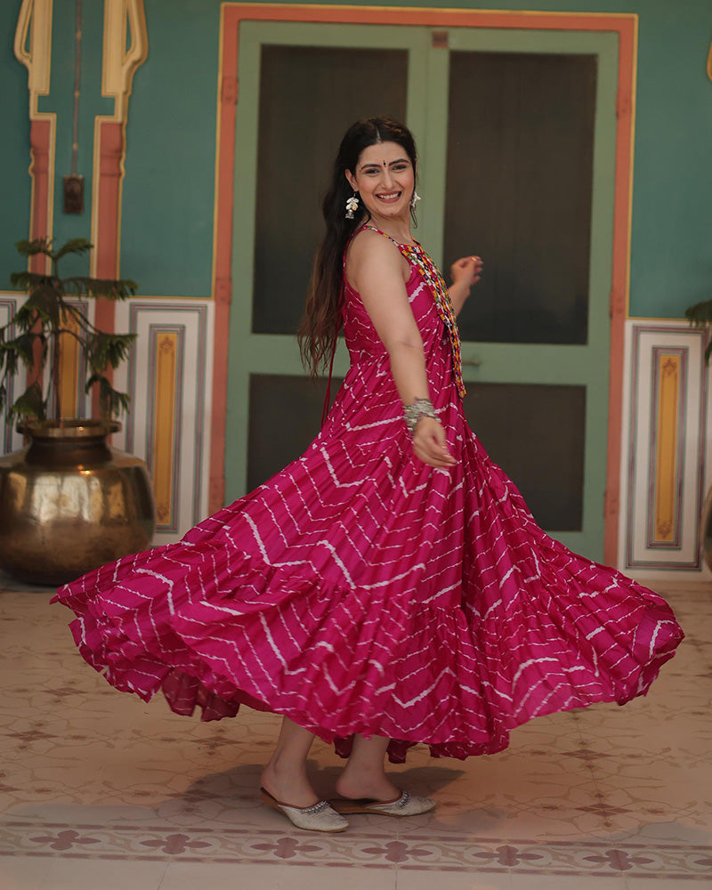 Rani Pink Color Chinon Laheriya Print Navratri Gown