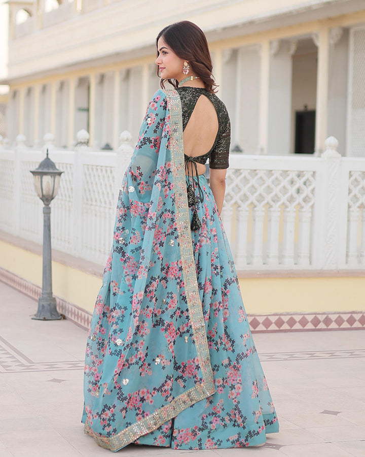 Sky Blue Color Russian Silk Digital Printed Lehenga Choli