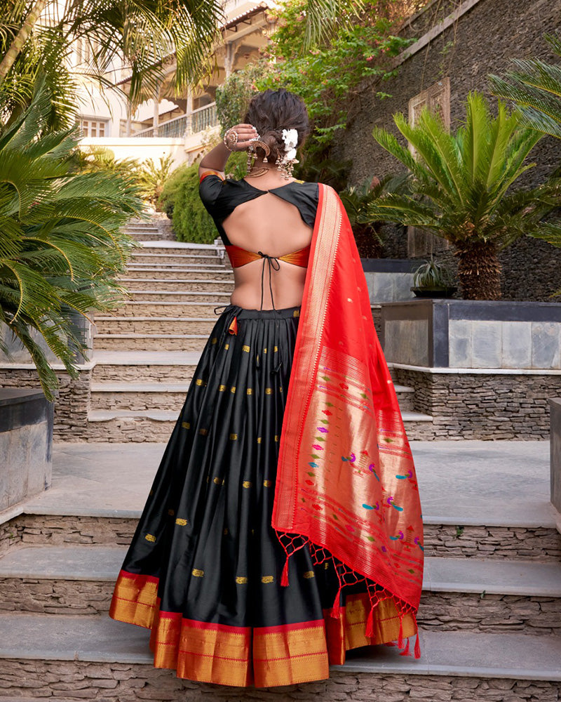 Black Color Jacquard Silk Zari Weaving Work Half Saree