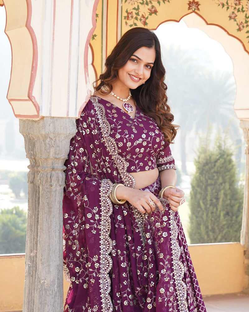 New Design Wine Color Sequence Embroidered Jacquard Lehenga Choli