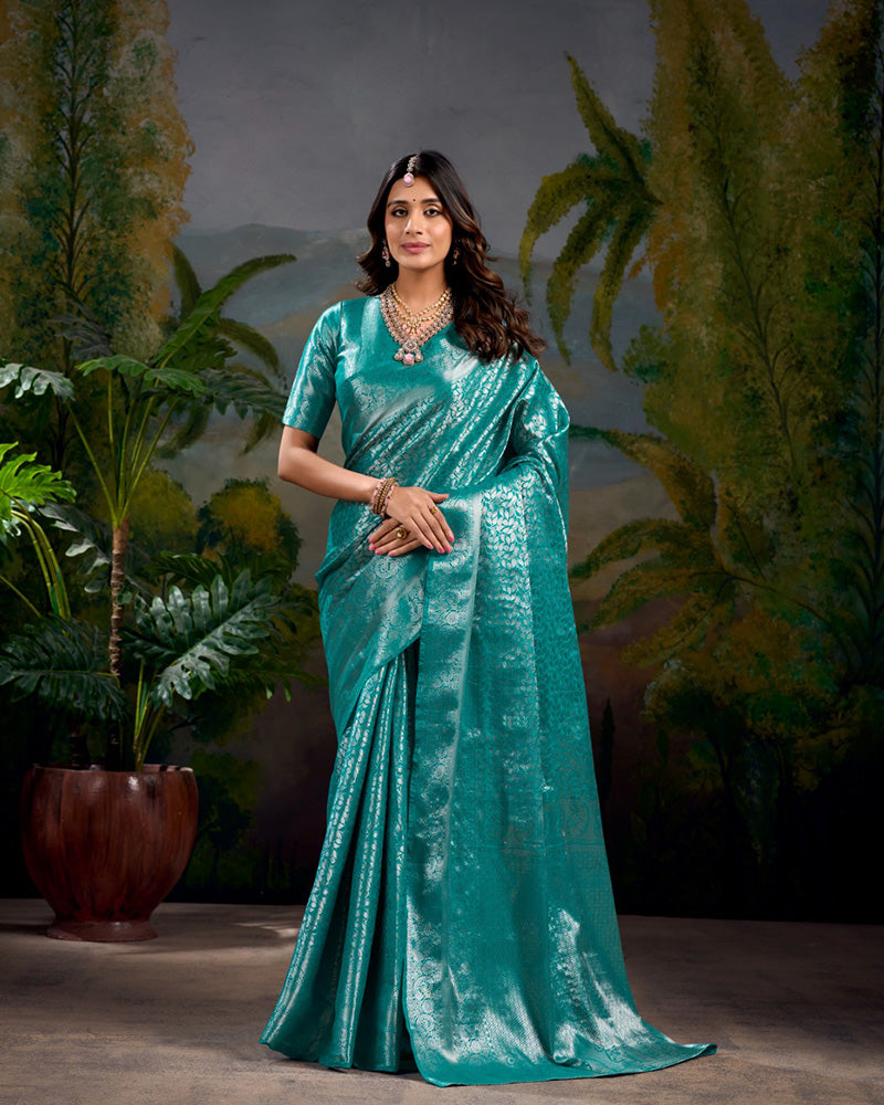 Firozi Color Kanjivaram Saree With Zari Work