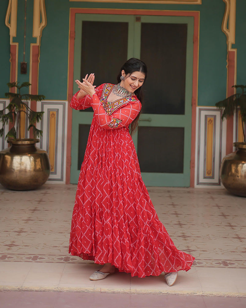 Orange Color Georgette Bandhej Print Navratri Gown