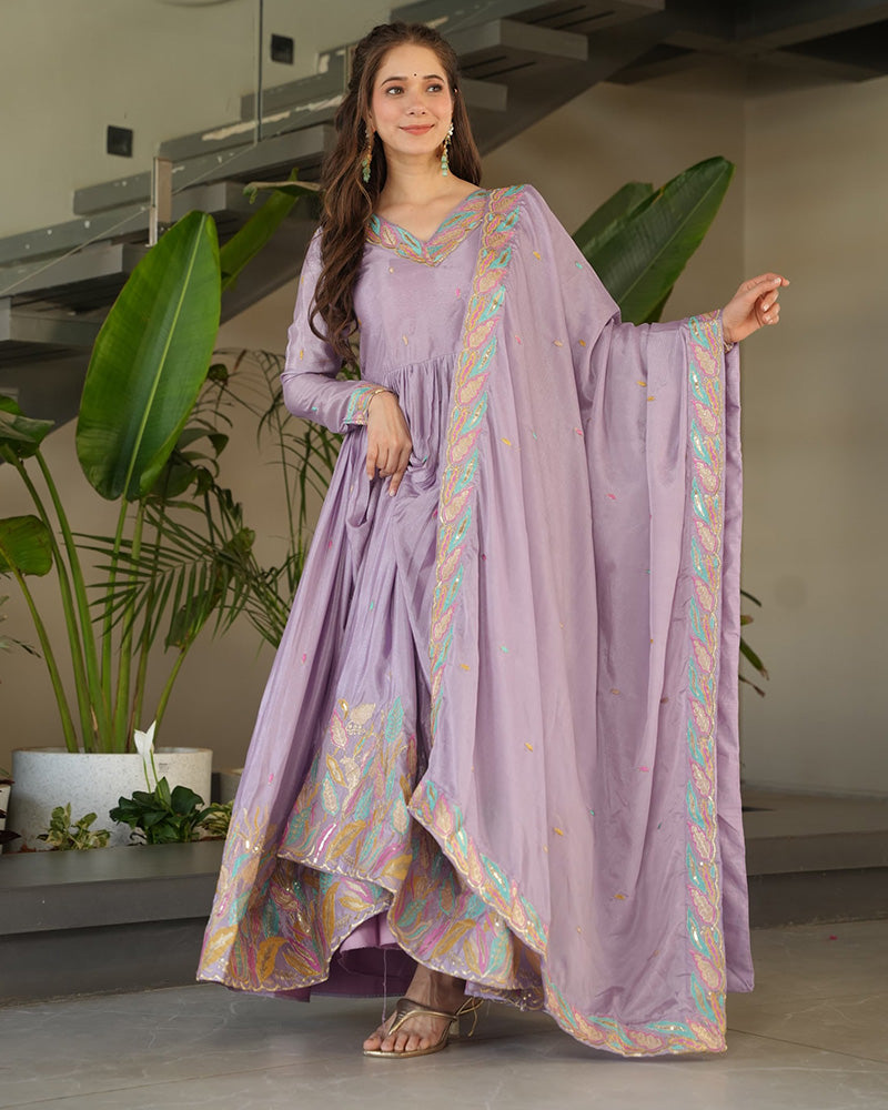 Lavender Color Chinnon Sequence Embroidered Gown