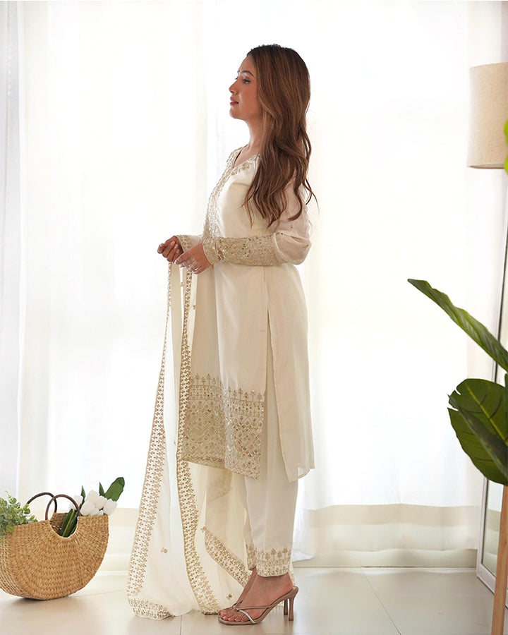 White Color Chinon Silk Three Piece Kurti Suit