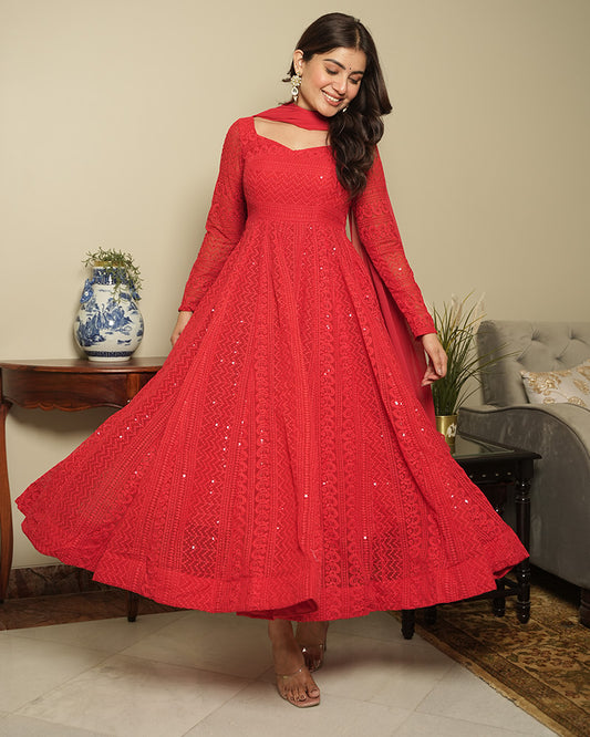 Red Color Georgette Lucknowi Three Piece Anarkali Suit