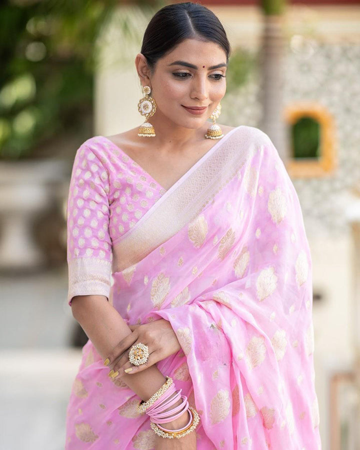 Baby Pink Color Banarasi All over Jacquard Soft Silk Saree