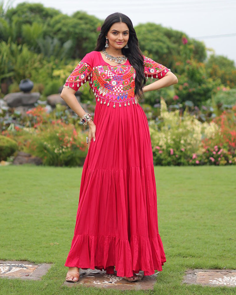Rani Pink Color Rayon Navratri Gown