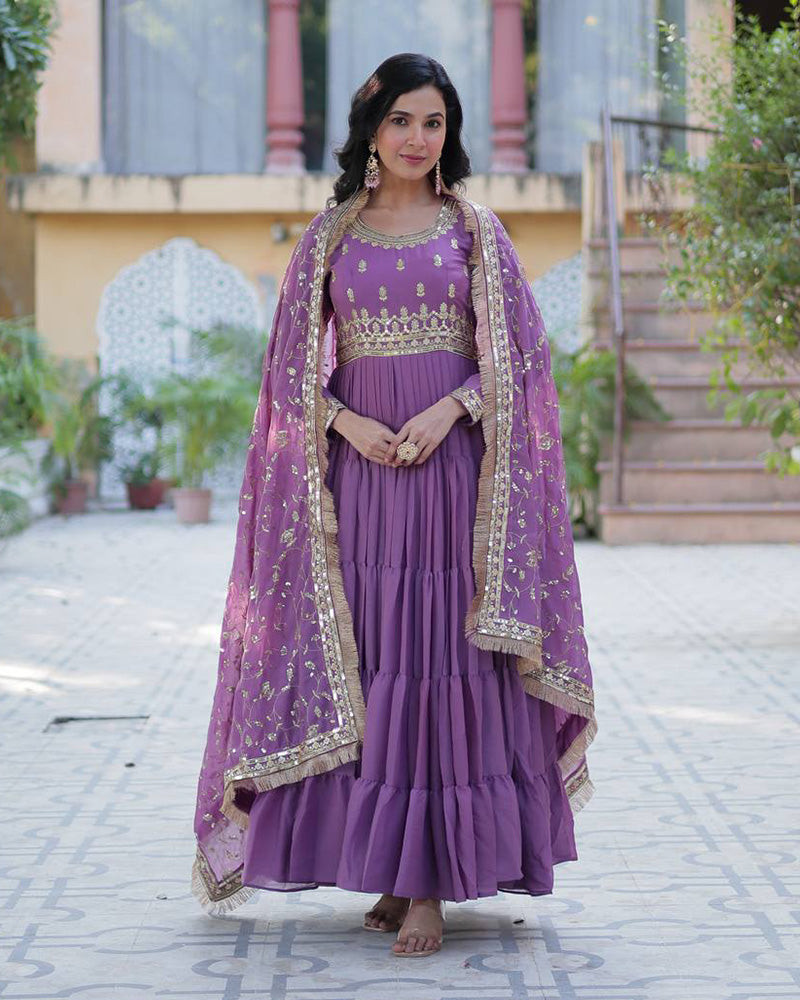 Dusty Mauve Color Star Georgette Gown With Embroidered Dupatta
