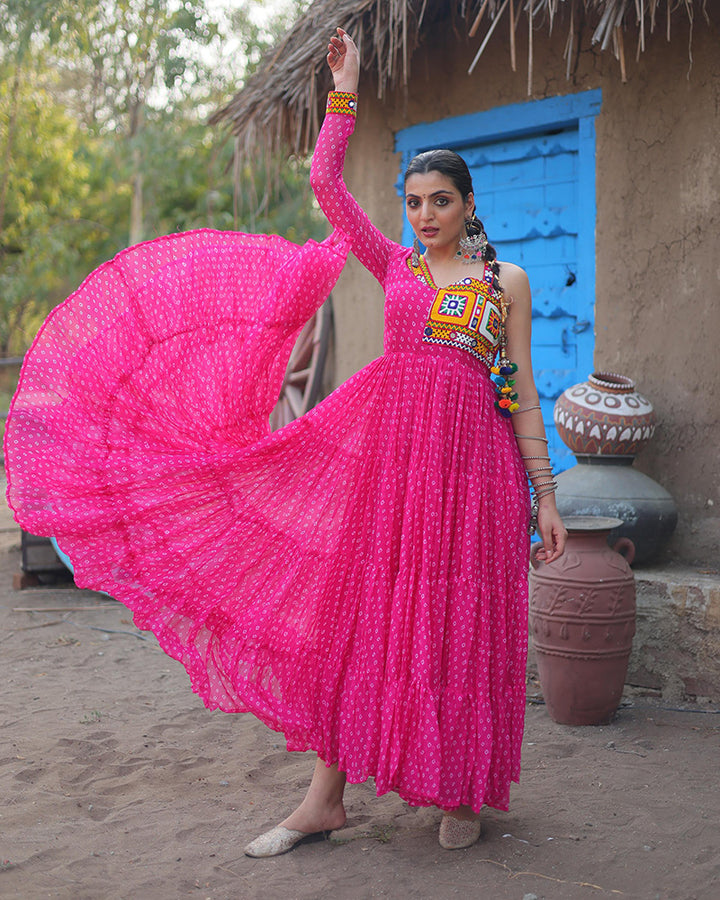 Pink Color Georgette Full Flair Navratri Gown