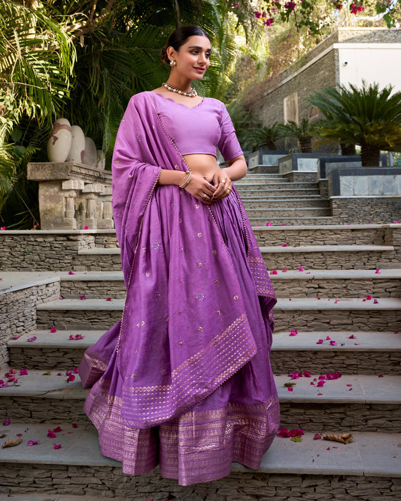 Purple Color Pure Chanderi Plain Navratri Half Saree