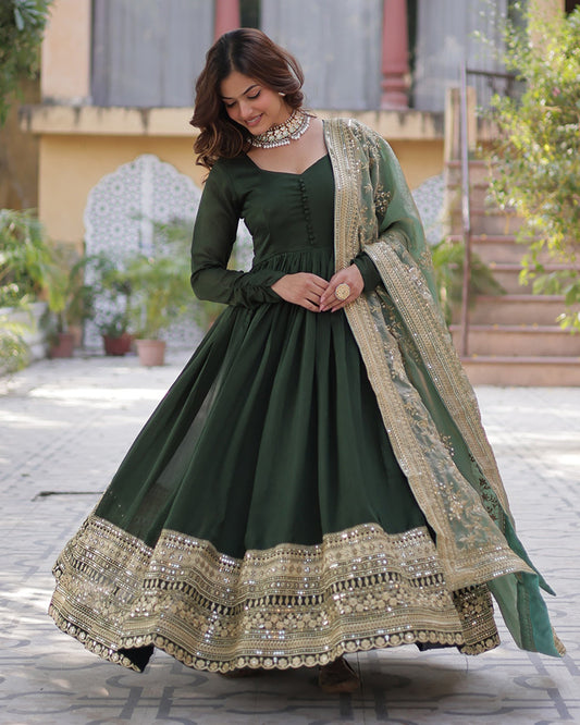 Mehndi Color Vichitra Shimmer Sequence Embroidered Gown