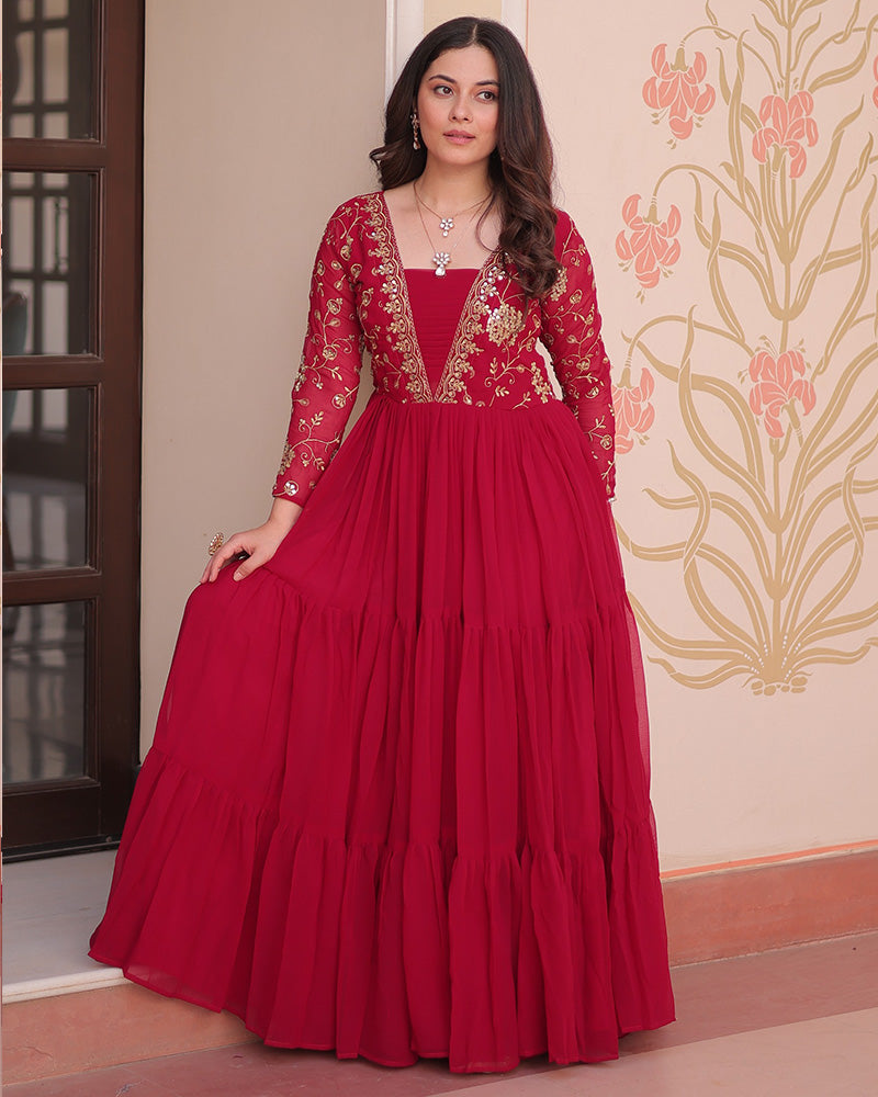Elegant Rani Pink Floor-Length Gown With Golden Threadwork
