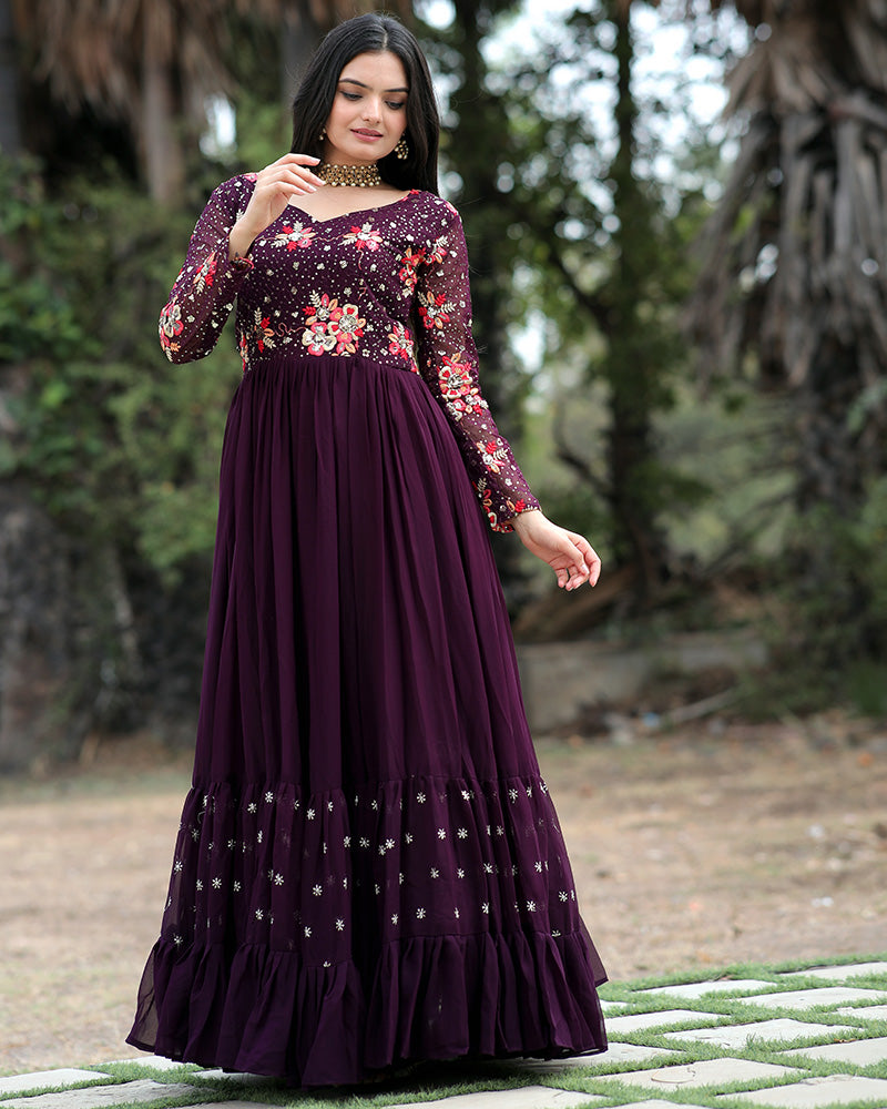 Wine Color Designer Thread Embroidery Anarkali Gown