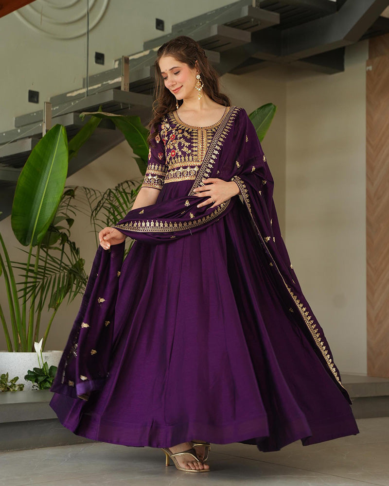 Wine Color Vichitra Silk Embroidered Gown