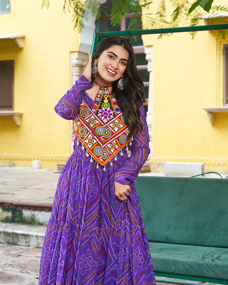 Festive Purple Ethnic Gown With Colorful Mirror Work