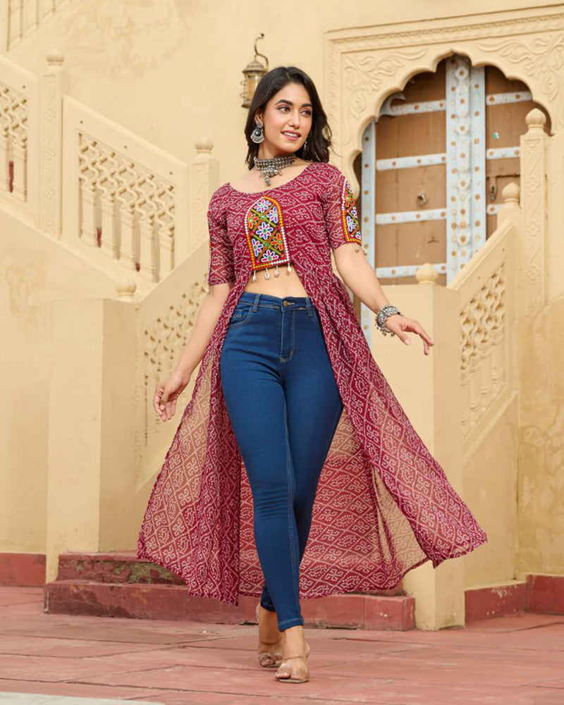 Maroon Color Georgette Bandhani Print Navratri Kurti