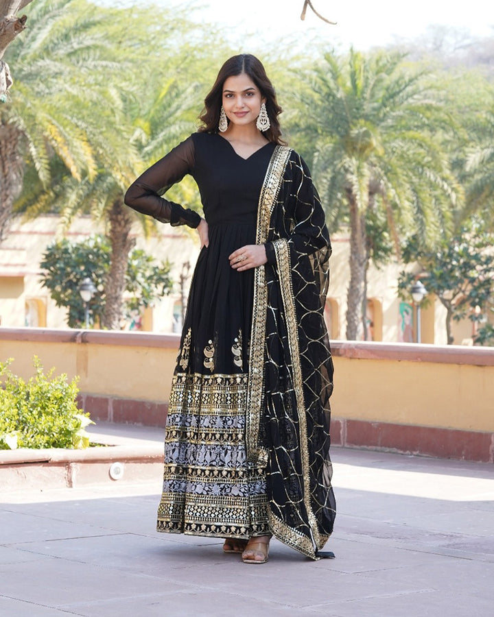 New Design Black Color Faux Blooming Zari And Sequence Embroidered Gown