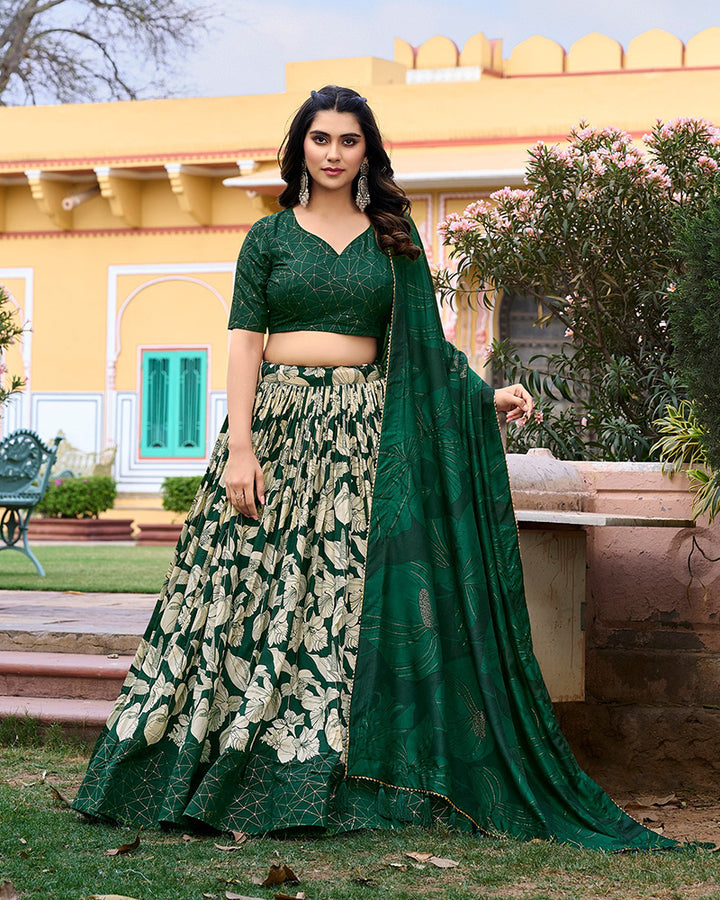 Green Color Tussar Silk Floral And Foil Printed Navratri Lehenga Choli