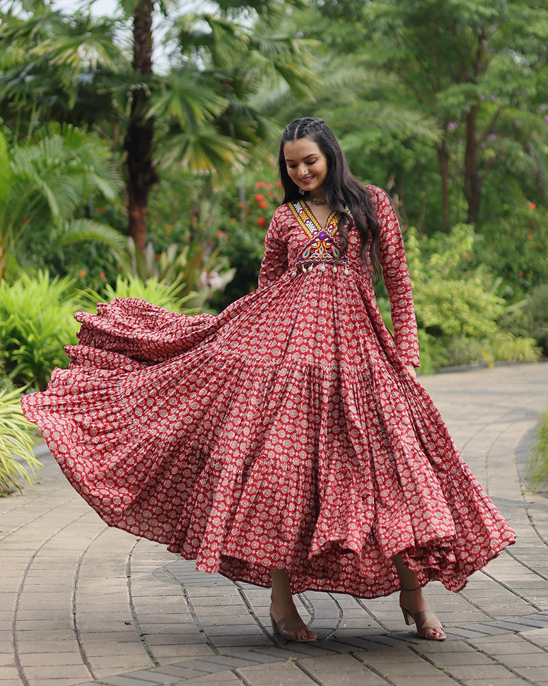 Maroon  Color Cotton Gamthi Work Navratri Gown