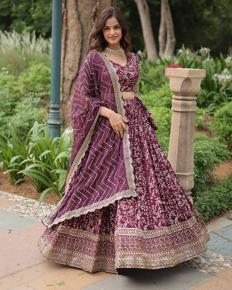 Wine Color Pure Viscose Jacquard Lehenga Choli
