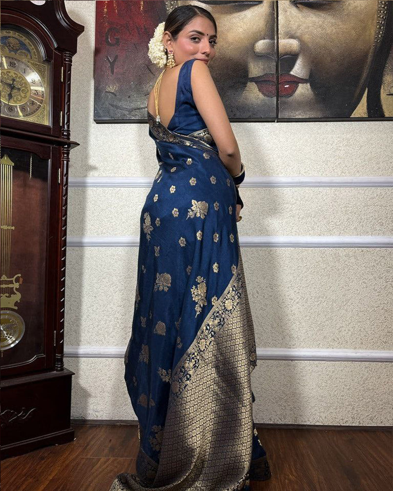 Royal Blue Color Big Flower Design Banarasi Soft Silk Saree