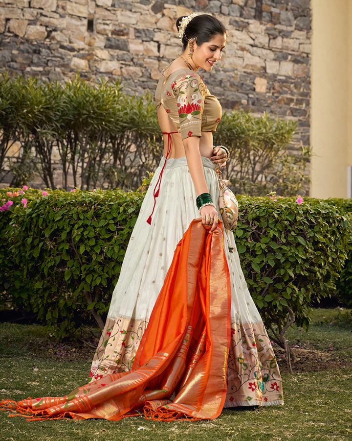 Designer White Color Jacquard Paithani silk Lehenga Choli