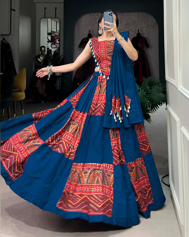 Blue Color Cotton Foil Printed Navratri Lehenga Choli