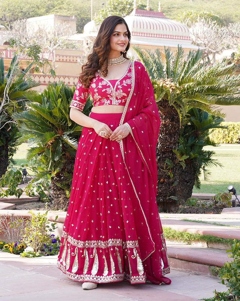Rani Pink Color Sequence Embroidered Faux Blooming Lehenga Choli