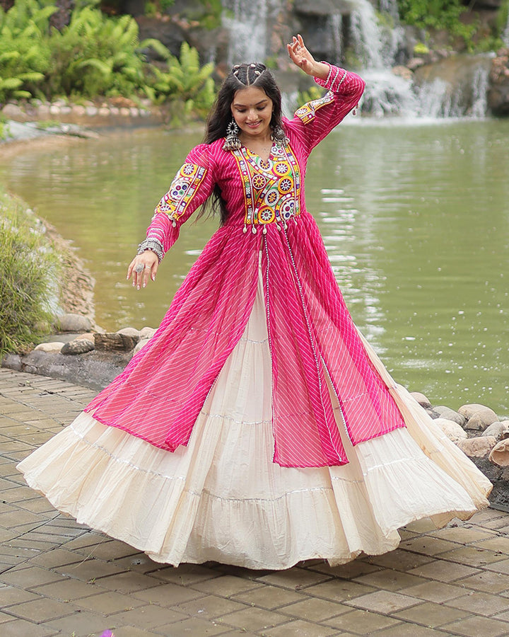 White Color Kora Cotton Lehenga With Pink Kurti