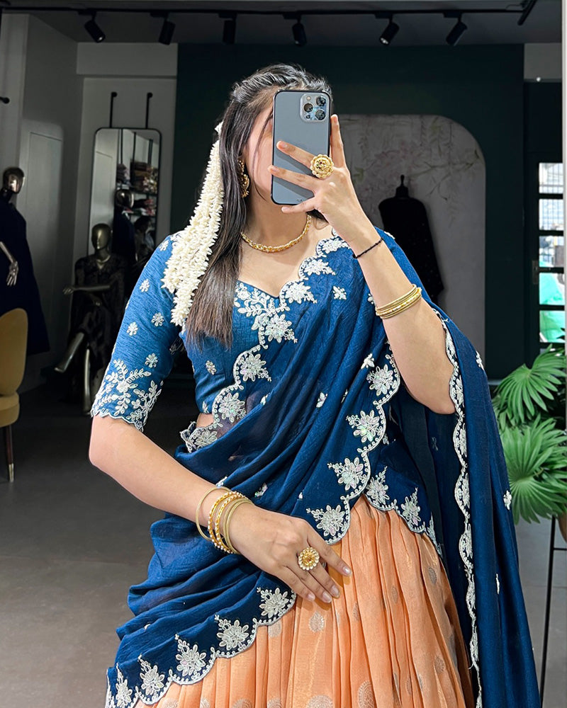 Orange Color Zari Kota Embroidered Half Saree