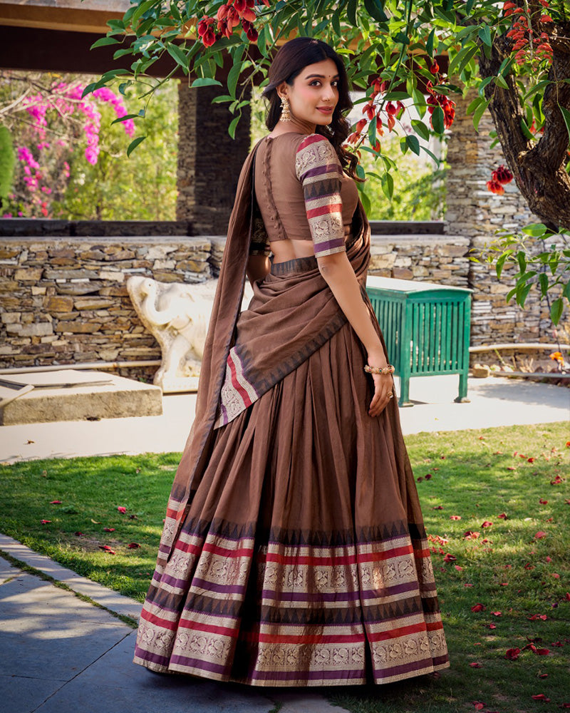 Brown Color Pure Chanderi Plain Half Saree