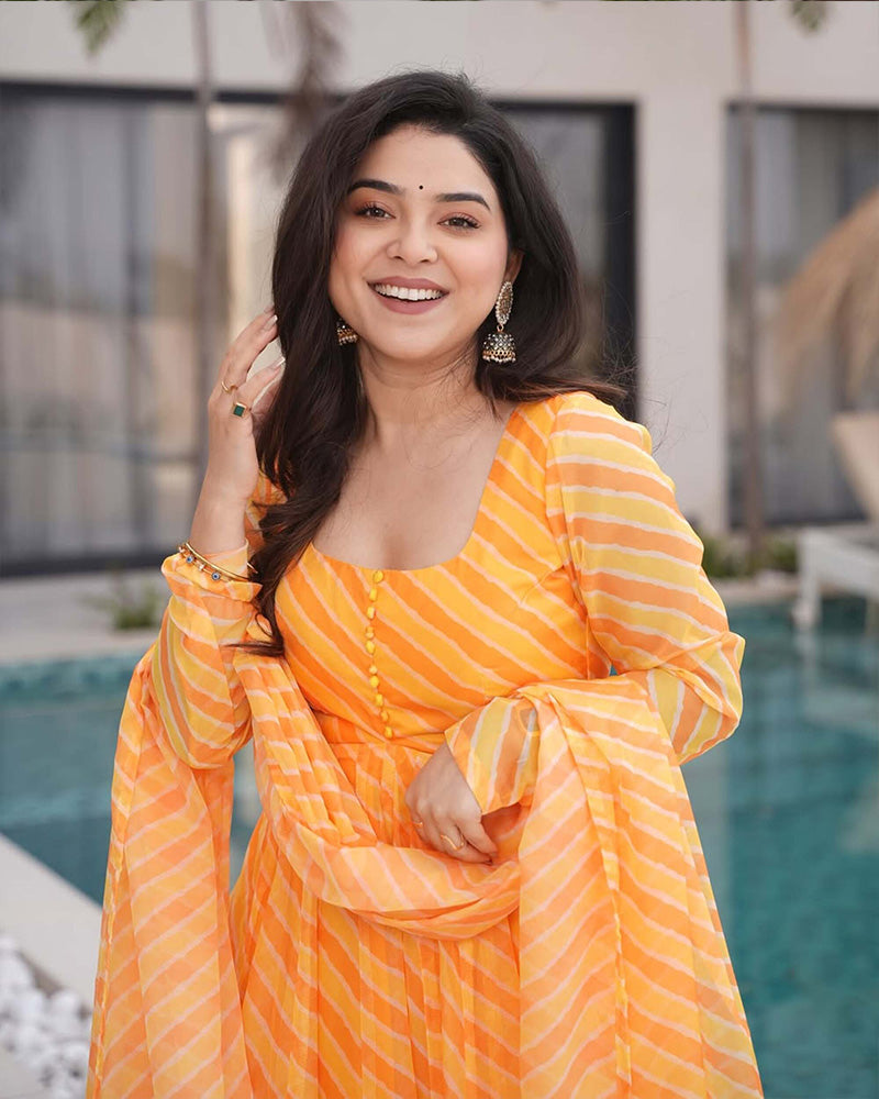 Yellow Color Laheriya Print Tabby Organza Anarkali Suit