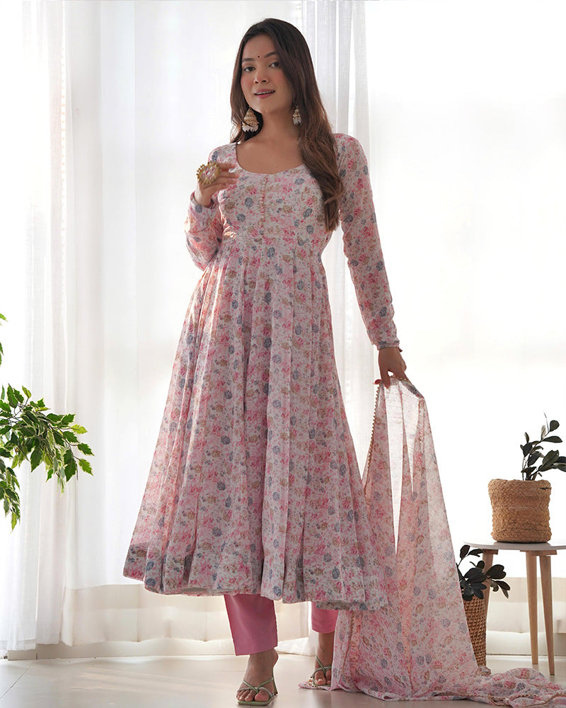Baby Pink Color Heavy Chiffon Floral Print With Full Flair Three Piece Anarkali Suit