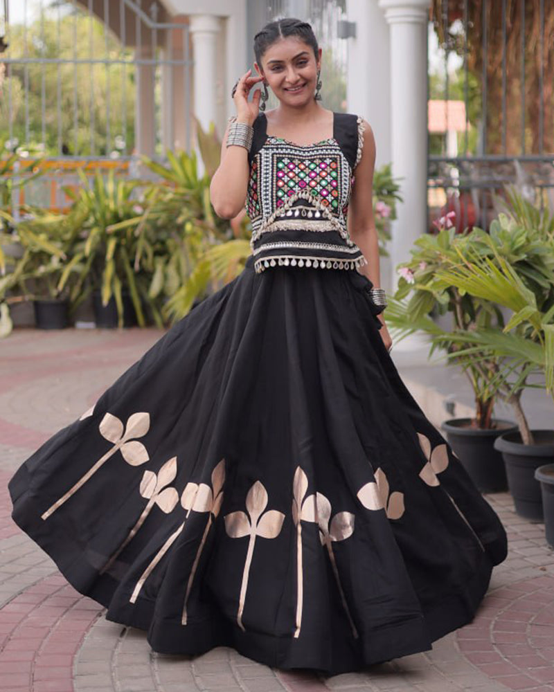 Six Color Roman Silk With Gota Patti Work Navratri Lehenga Set