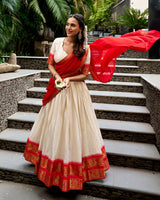 Cultural White and Red Color Poly Cotton Lehenga Chex Half Saree
