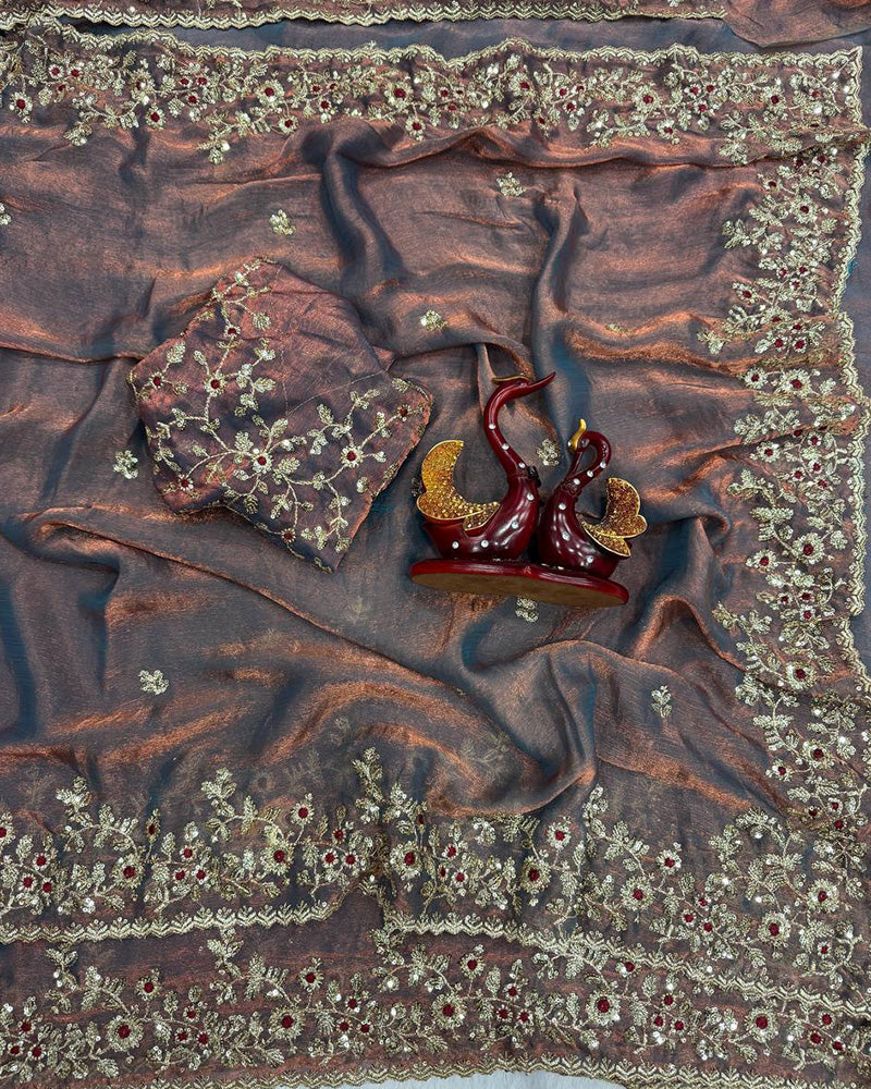 Vandana Kholiya In Brown Color Fendi Chiffon Sequence Embroidered Saree