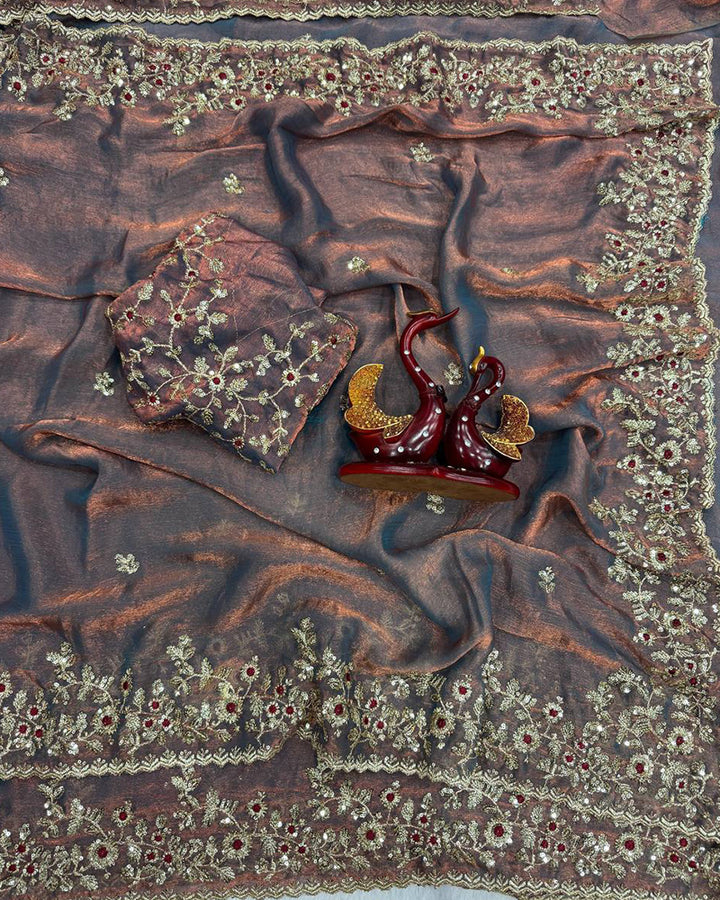 Vandana Kholiya In Brown Color Fendi Chiffon Sequence Embroidered Saree