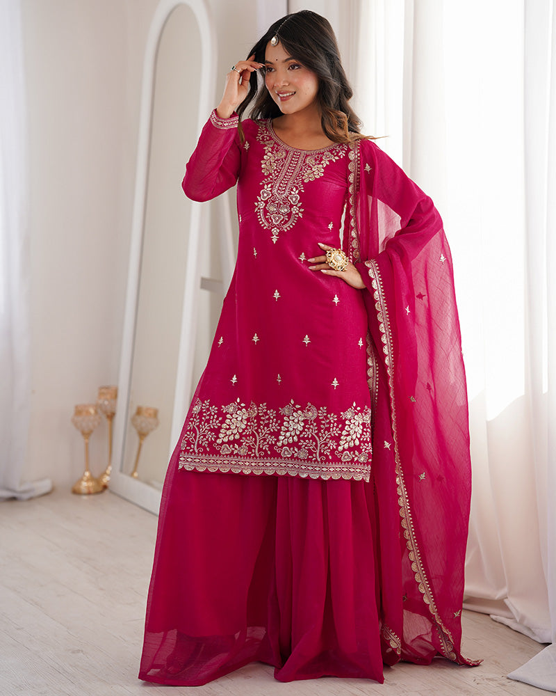 Rani Pink Color Soft Crunchy Silk Embroidered Plazzo Suit
