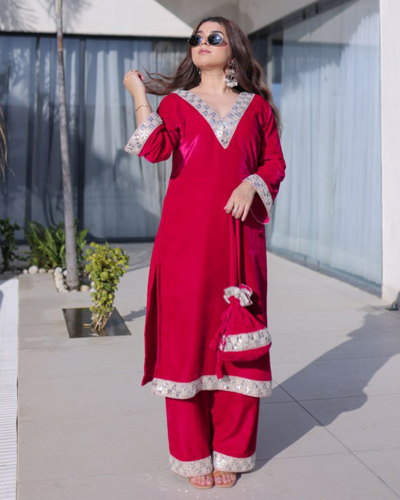 Rani Pink Color Ice Velvet Embroidered Plazzo Suit